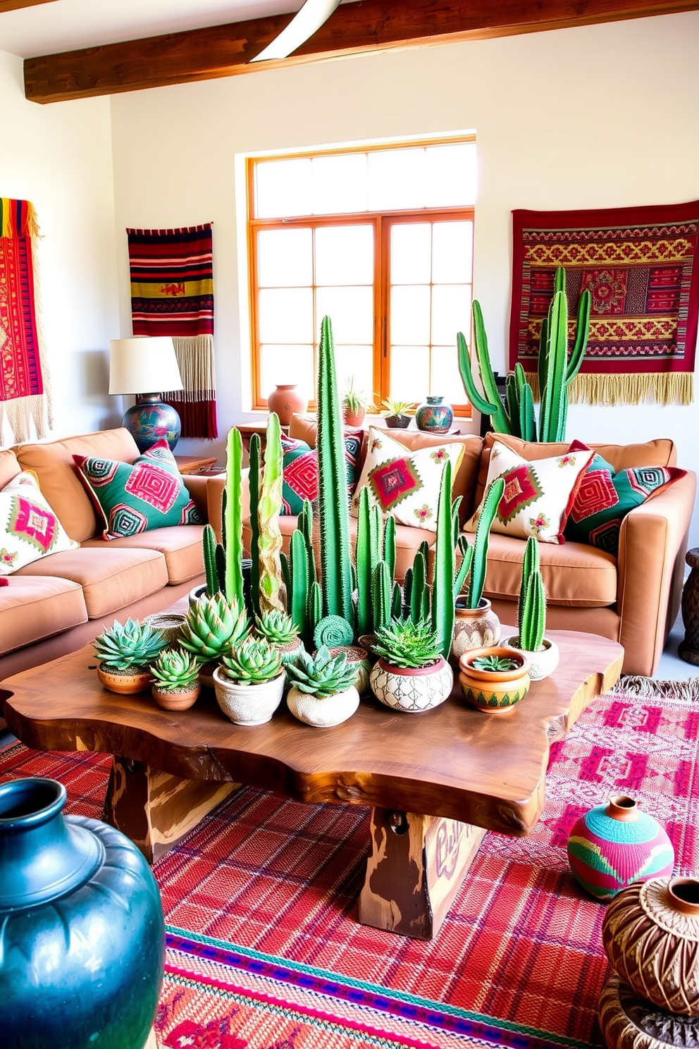 A vibrant southwestern living room featuring an array of cacti and succulents arranged on a rustic wooden coffee table. The walls are adorned with colorful woven textiles, and a large window allows natural light to illuminate the space. The seating area includes a plush, earth-toned sofa paired with patterned throw pillows inspired by southwestern motifs. A handwoven rug in warm hues anchors the room, while decorative pottery adds an authentic touch to the decor.