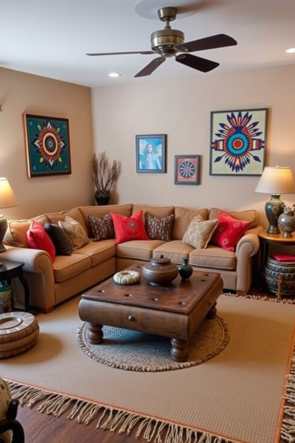 A cozy Southwestern living room featuring warm earth tones and rustic textures. The walls are adorned with framed Native American art, showcasing vibrant colors and intricate patterns. A large, comfortable sofa in a neutral shade is complemented by colorful throw pillows. A wooden coffee table sits at the center, surrounded by woven rugs and handcrafted decor items.