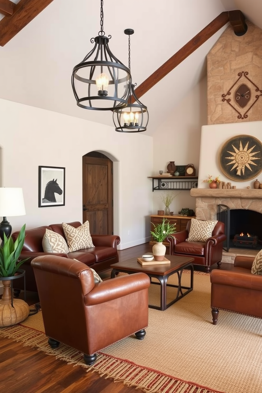 A cozy Southwestern living room featuring iron light fixtures that add rustic charm. The space is adorned with warm earth tones, a large woven rug, and comfortable leather seating.