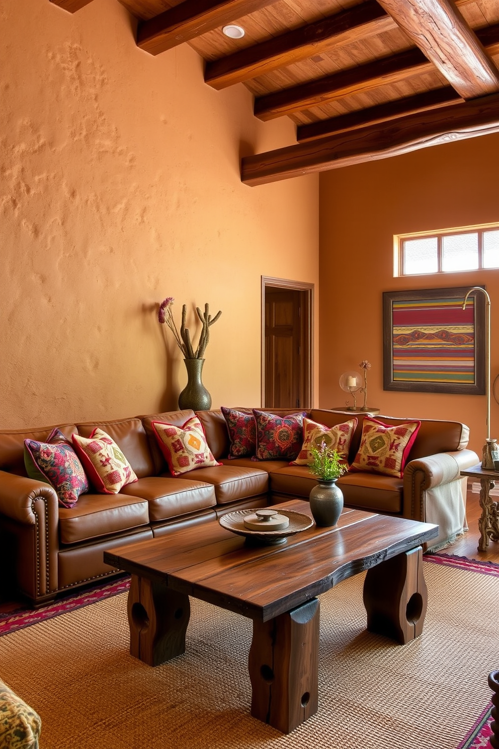 A cozy Southwestern living room features textured wall finishes that add depth and character to the space. The walls are adorned with a warm earthy palette, complemented by handcrafted wooden beams and vibrant textiles. The seating area includes a plush leather sofa with colorful throw pillows, inviting relaxation and comfort. A rustic coffee table made from reclaimed wood sits in the center, surrounded by woven rugs that enhance the room's warmth.