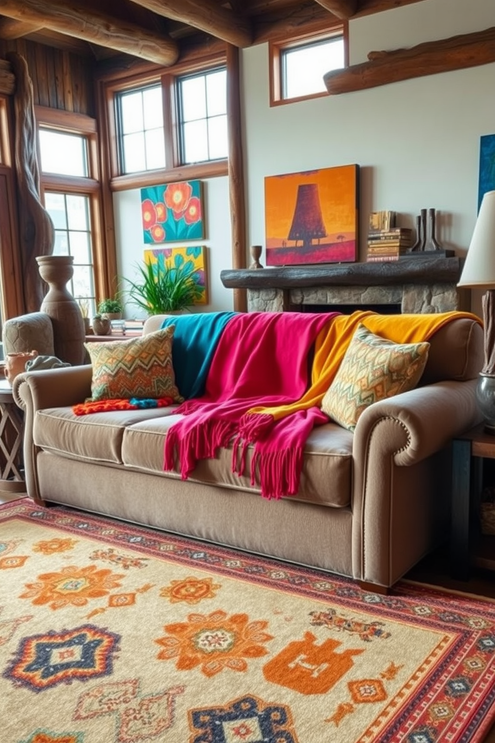 Brightly colored throws are draped over a plush, inviting sofa, adding warmth and a pop of color to the space. The walls are adorned with rustic wooden accents and vibrant artwork that reflect the rich culture of the Southwest. A large area rug with geometric patterns anchors the room, complementing the earthy tones of the furniture. Natural light floods in through large windows, enhancing the cozy atmosphere and highlighting the unique textures throughout the room.