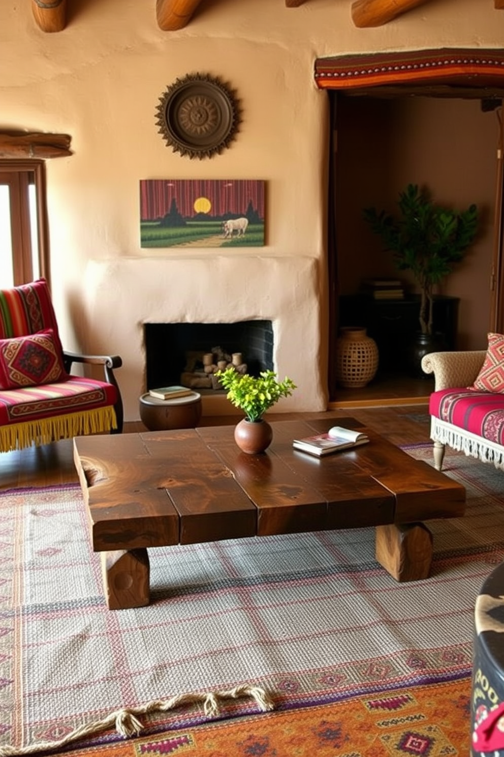 A rustic coffee table made from reclaimed wood sits at the center of a cozy Southwestern living room. The space features adobe-style walls, vibrant textiles, and a warm color palette that reflects the natural landscape.