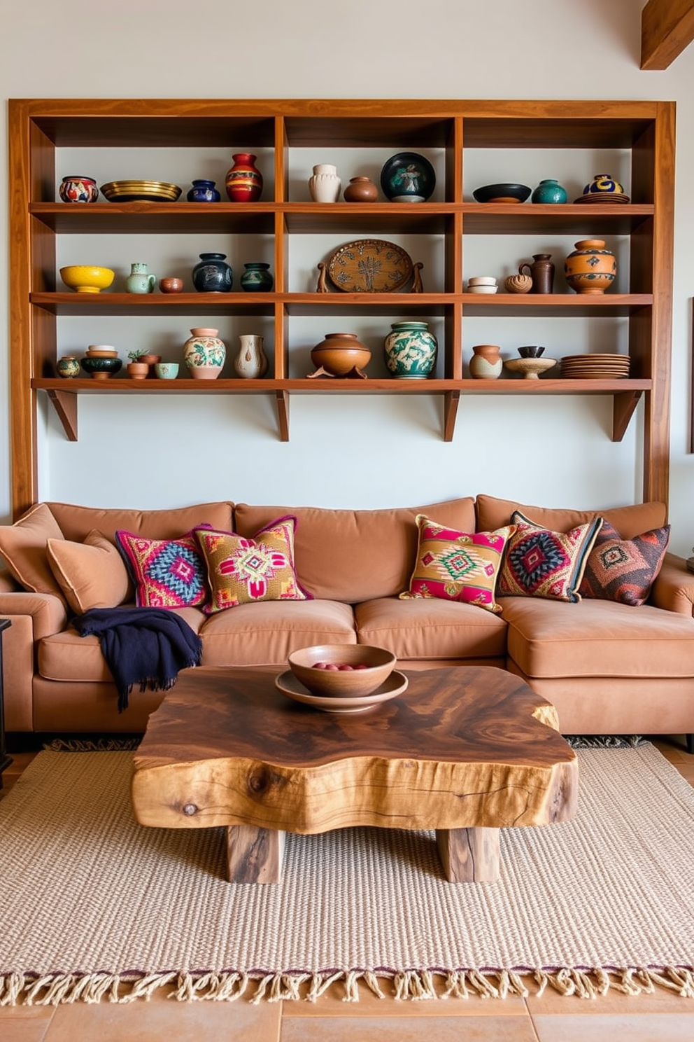 Open shelving showcases a curated collection of decorative Southwestern items, including vibrant pottery and woven textiles. The shelves are framed by a warm wood finish, creating a cozy and inviting atmosphere in the living room. The seating area features a plush, earth-toned sectional sofa adorned with colorful throw pillows that reflect the region's rich culture. A rustic coffee table made from reclaimed wood sits at the center, surrounded by natural fiber rugs that enhance the Southwestern aesthetic.