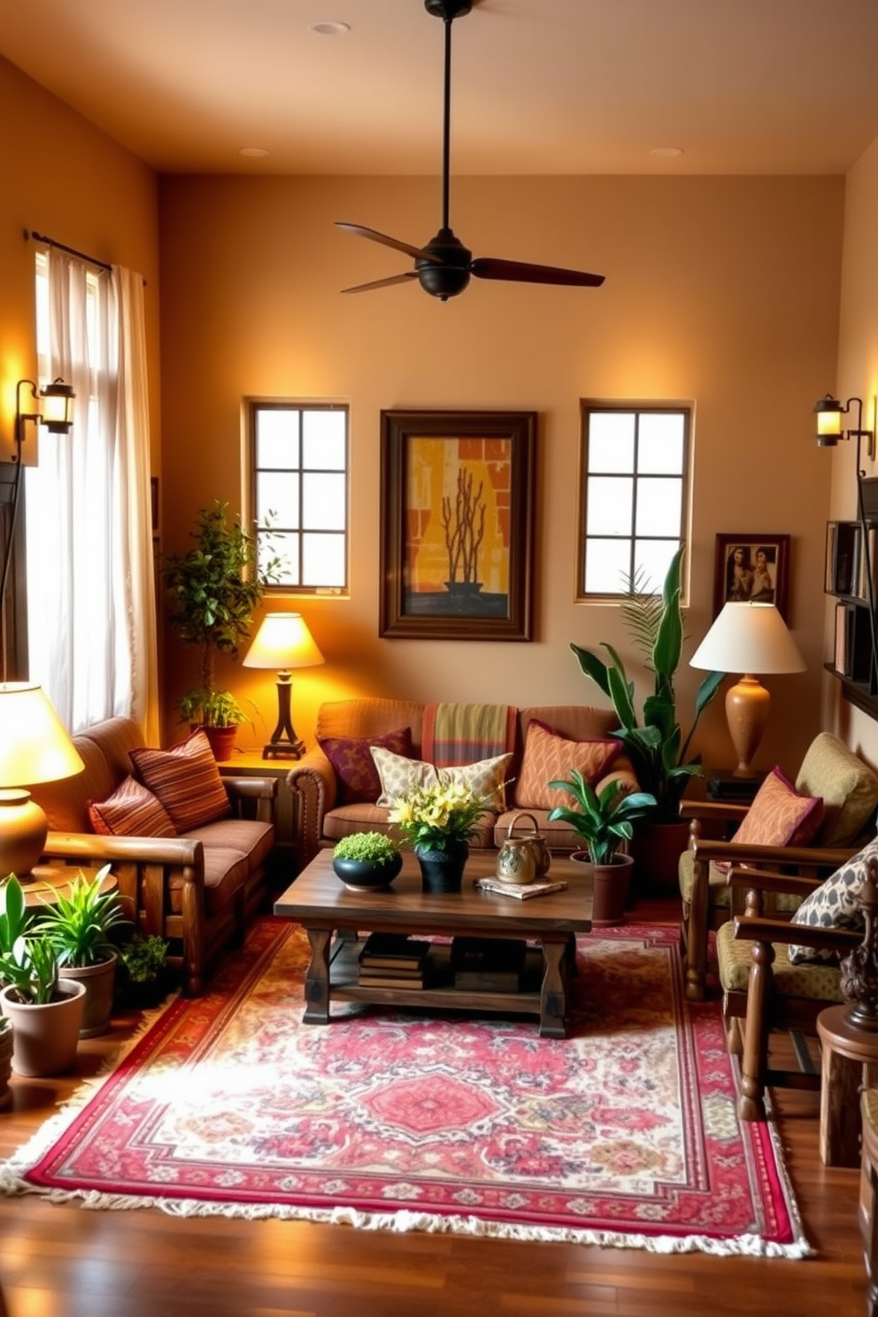 A cozy Southwestern living room features layered lighting that creates a warm and inviting ambiance. The space includes a combination of pendant lights, floor lamps, and wall sconces that highlight the earthy tones of the decor. The room is adorned with rustic wooden furniture and colorful textiles that reflect the Southwestern style. A large area rug anchors the seating area, while a collection of potted plants adds a touch of greenery to the atmosphere.