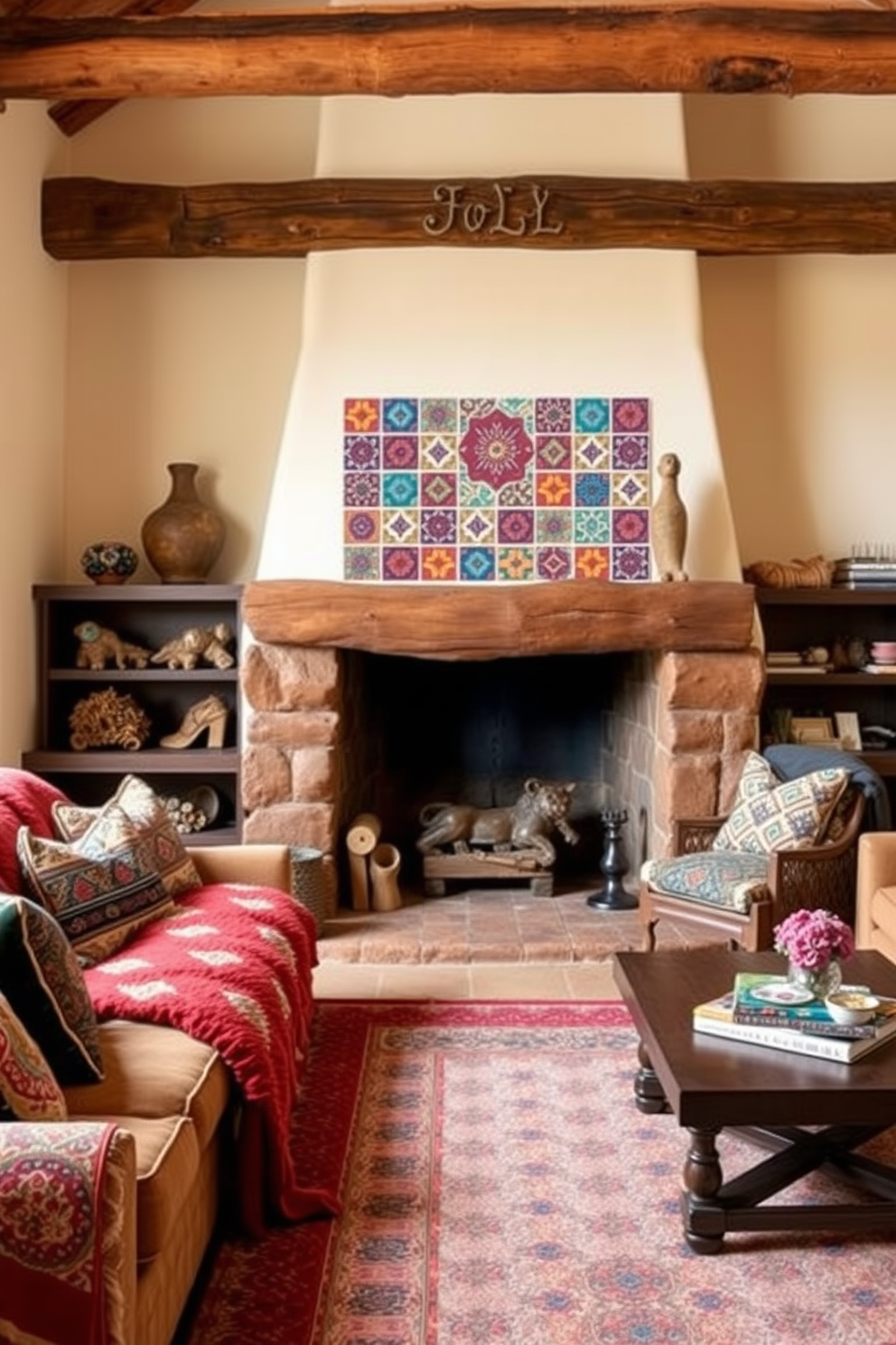 A vibrant Southwestern living room features colorful ceramic tiles as a backsplash behind a rustic wooden fireplace. The room is adorned with plush textiles in warm earth tones and vibrant patterns, creating a cozy and inviting atmosphere.