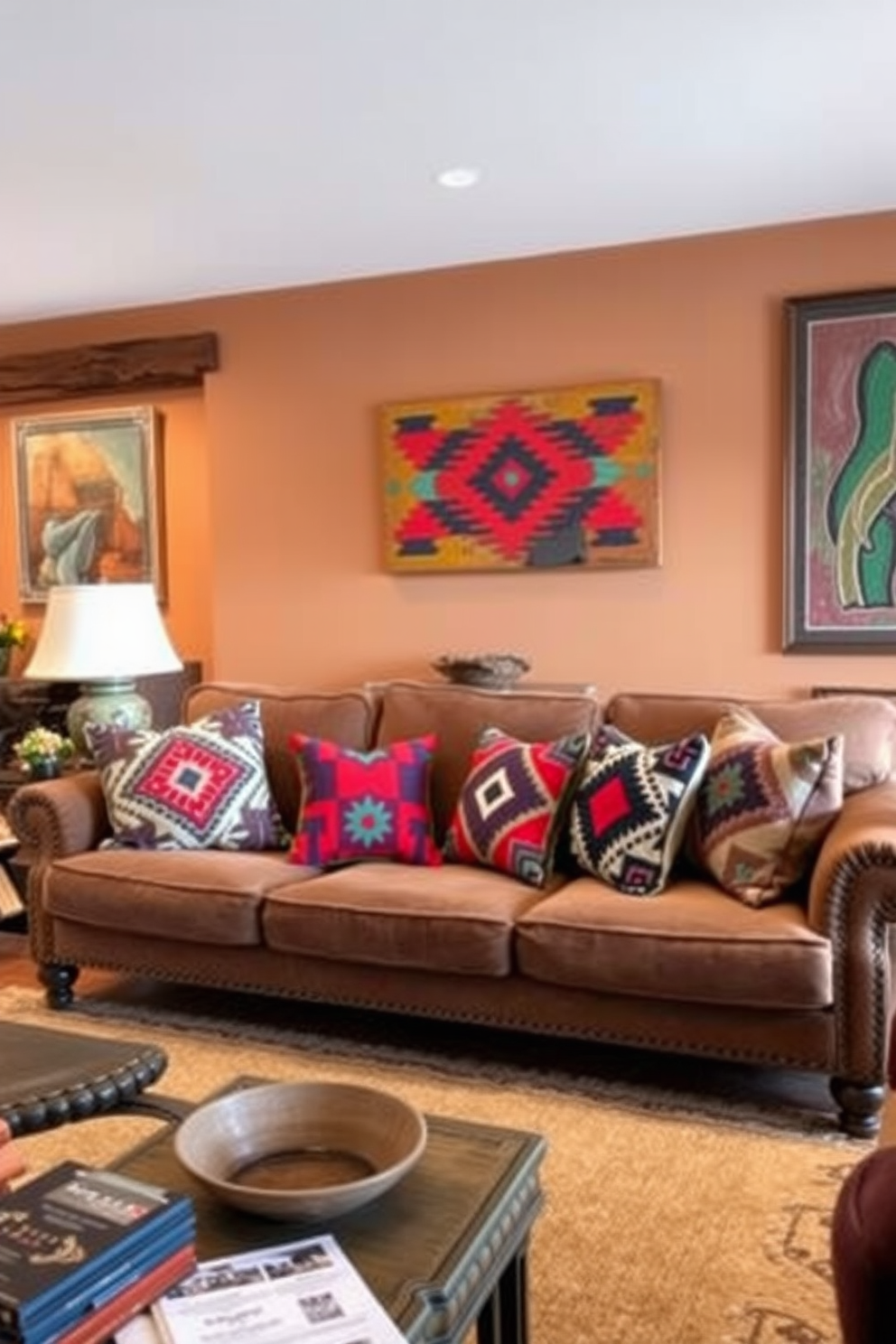 Bold geometric patterns adorn the throw pillows scattered across a plush sofa in a Southwestern living room. The walls are painted in warm earth tones, complemented by rustic wooden accents and vibrant artwork that reflects the region's cultural heritage.