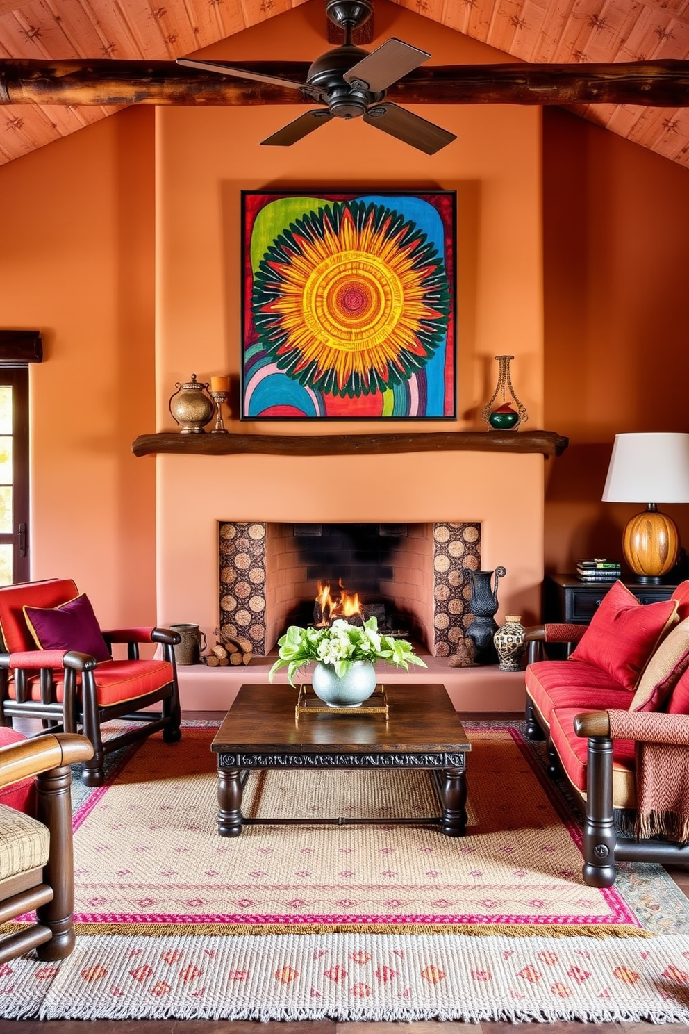 A vibrant Southwestern living room that features bold artwork above the fireplace. The room is adorned with warm earth tones, rustic wooden furniture, and woven textiles that reflect the region's rich culture.