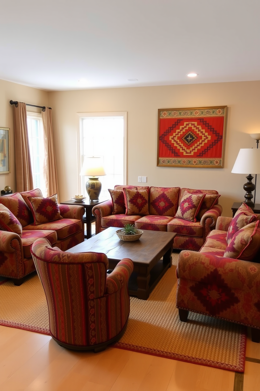 A cozy living room featuring comfortable seating adorned with vibrant southwestern patterns. The furniture includes a large, plush sofa and several accent chairs, all showcasing intricate geometric designs in warm earth tones. The walls are painted in a soft beige, complementing the rich colors of the textiles. A rustic wooden coffee table sits in the center, surrounded by a textured area rug that ties the room together.