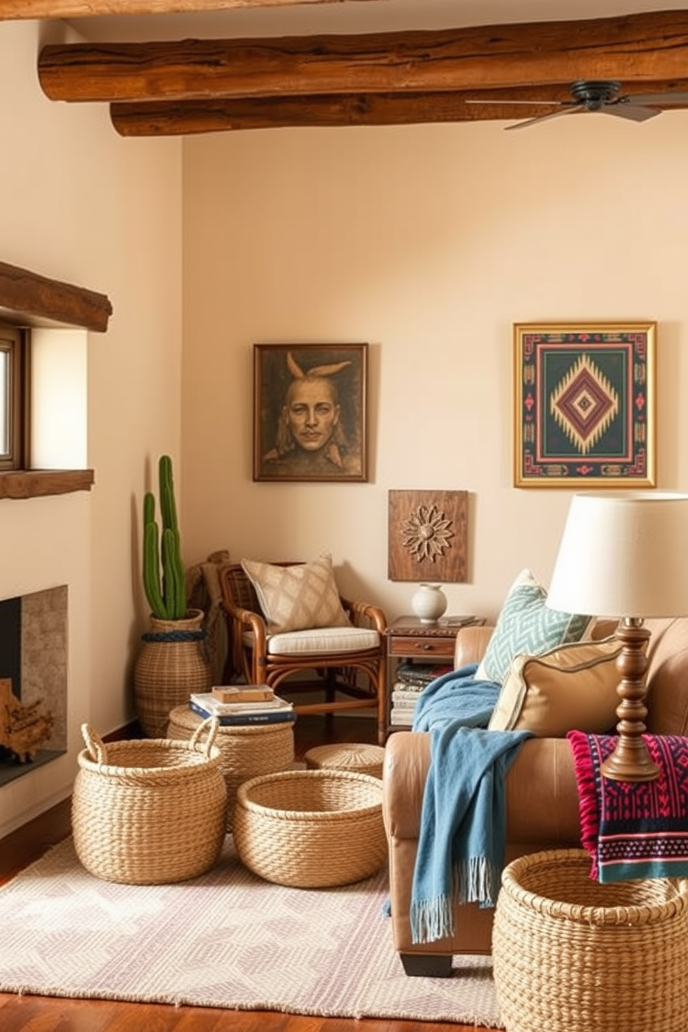 A cozy Southwestern living room featuring natural fiber baskets as stylish storage solutions. The room is adorned with warm earthy tones, rustic wooden furniture, and vibrant textiles that reflect the region's rich culture.