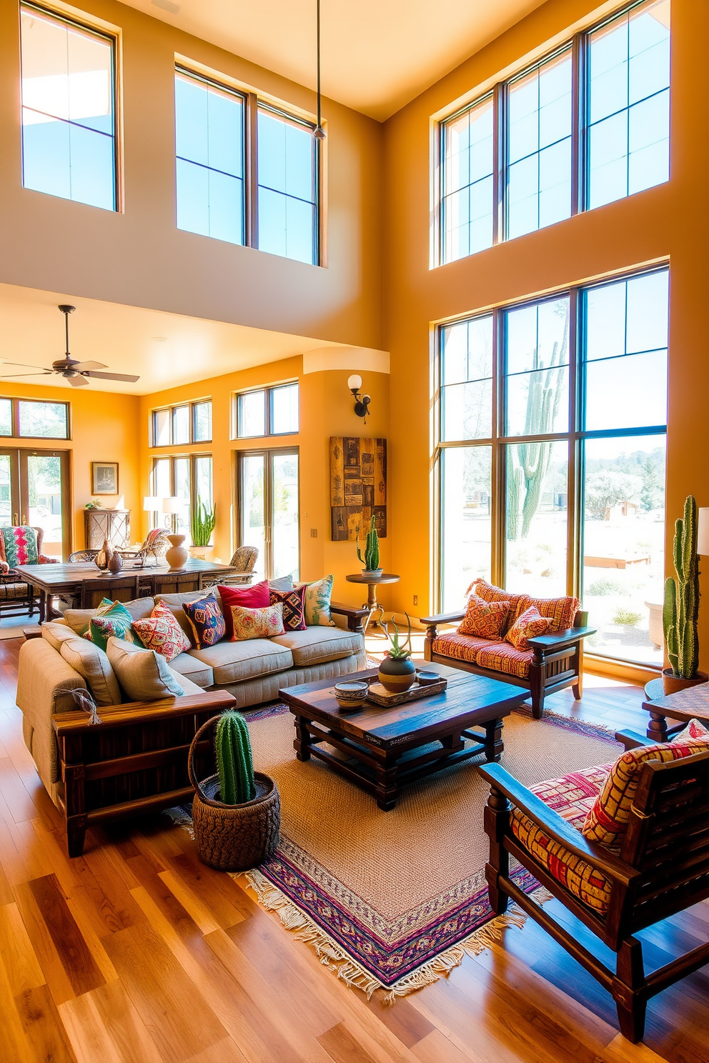 A spacious living room with large windows allowing ample natural light to flood the space. The room features a warm color palette with earthy tones, complemented by rustic wooden furniture and woven textiles. A cozy seating arrangement includes a plush sofa adorned with colorful cushions and a handcrafted coffee table at the center. Decorative elements such as potted cacti and southwestern-inspired artwork add character to the room.