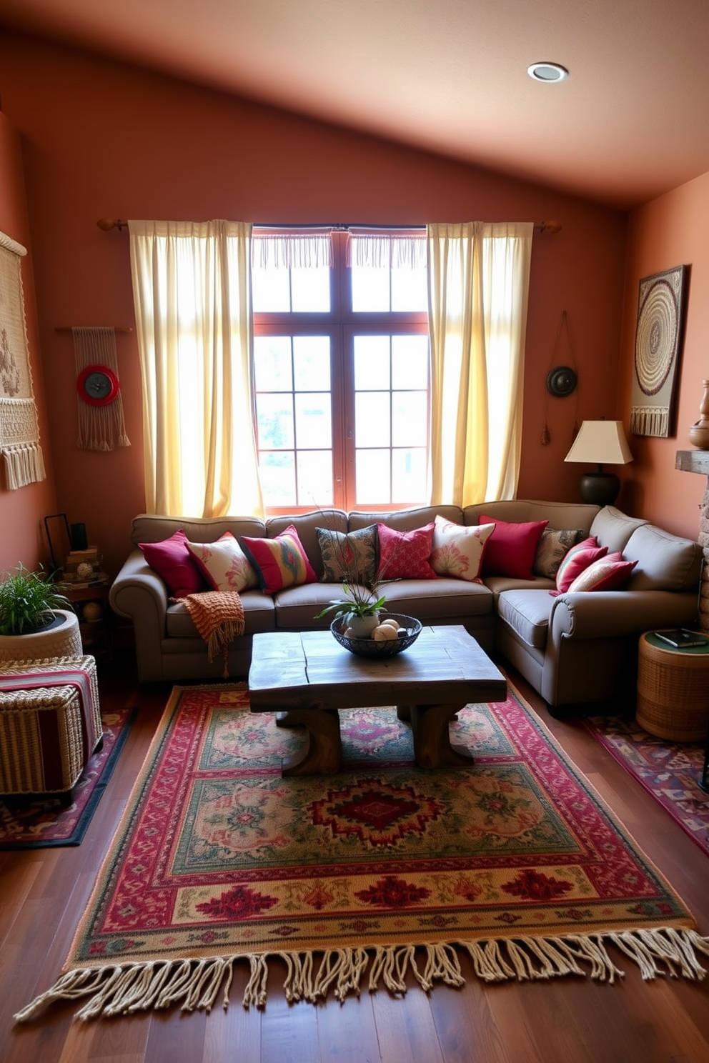 A cozy Southwestern living room featuring handwoven wall hangings that add texture to the space. The walls are painted in warm earth tones, complemented by a large, inviting sectional sofa adorned with colorful throw pillows. Natural light floods the room through large windows dressed with light, airy curtains. A rustic wooden coffee table sits in the center, surrounded by patterned rugs that enhance the Southwestern aesthetic.