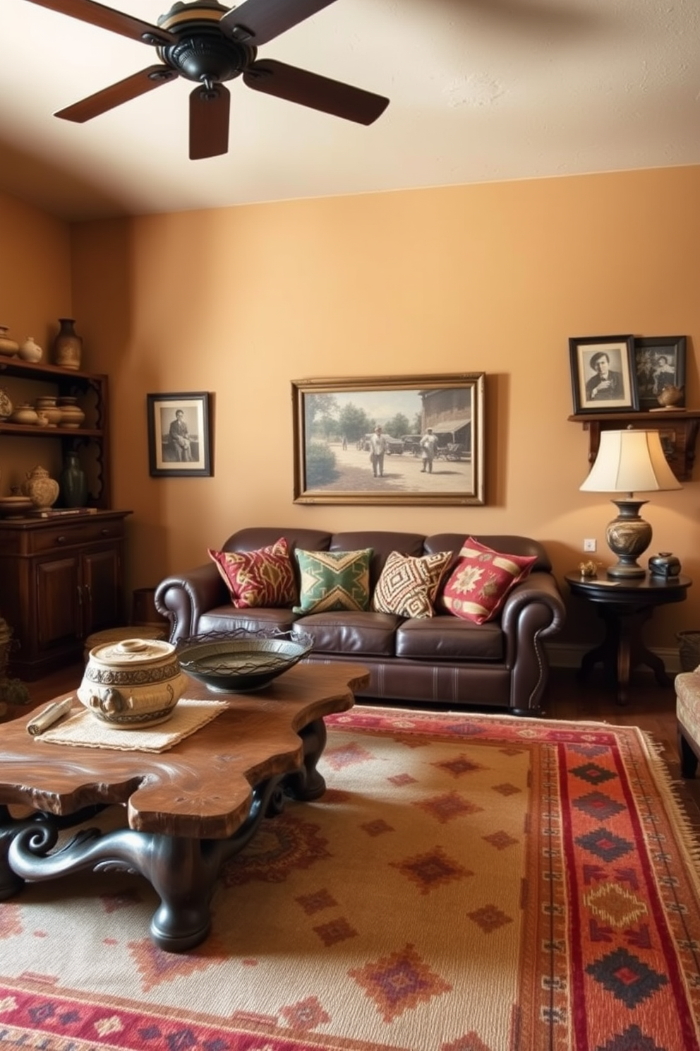 A cozy Southwestern living room with antique accents that evoke a vintage feel. The space features a large leather sofa adorned with colorful woven pillows and a rustic wooden coffee table with intricate carvings. Warm earth tones dominate the walls, complemented by a handwoven area rug showcasing traditional Southwestern patterns. A collection of antique pottery and framed vintage photographs adorns the shelves, adding character and charm to the room.