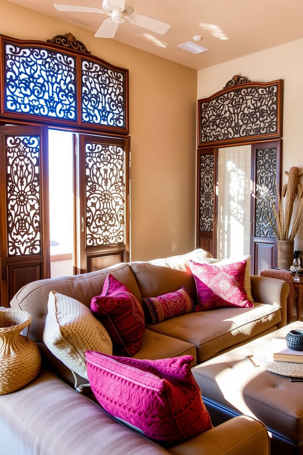 A cozy Southwestern living room features decorative wooden screens strategically placed to provide privacy while enhancing the aesthetic. The room is adorned with earthy tones, featuring a plush sofa and vibrant throw pillows that reflect the rich colors of the desert landscape. Natural light filters through the screens, casting intricate shadows on the walls and creating a warm ambiance. Accessories like woven baskets and rustic art pieces complement the overall design, blending comfort with cultural elements.