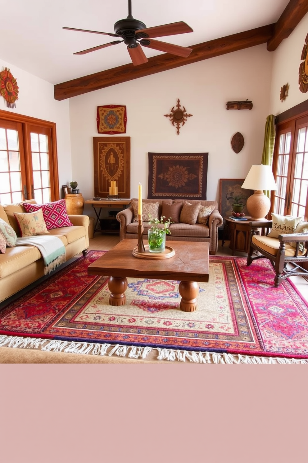 A cozy Southwestern living room features layered area rugs that add warmth and texture to the space. The rugs, in earthy tones and vibrant patterns, are arranged under a rustic wooden coffee table surrounded by comfortable seating. The walls are adorned with handcrafted art pieces that reflect the region's cultural heritage. Large windows allow natural light to flood the room, highlighting the rich colors and inviting atmosphere.