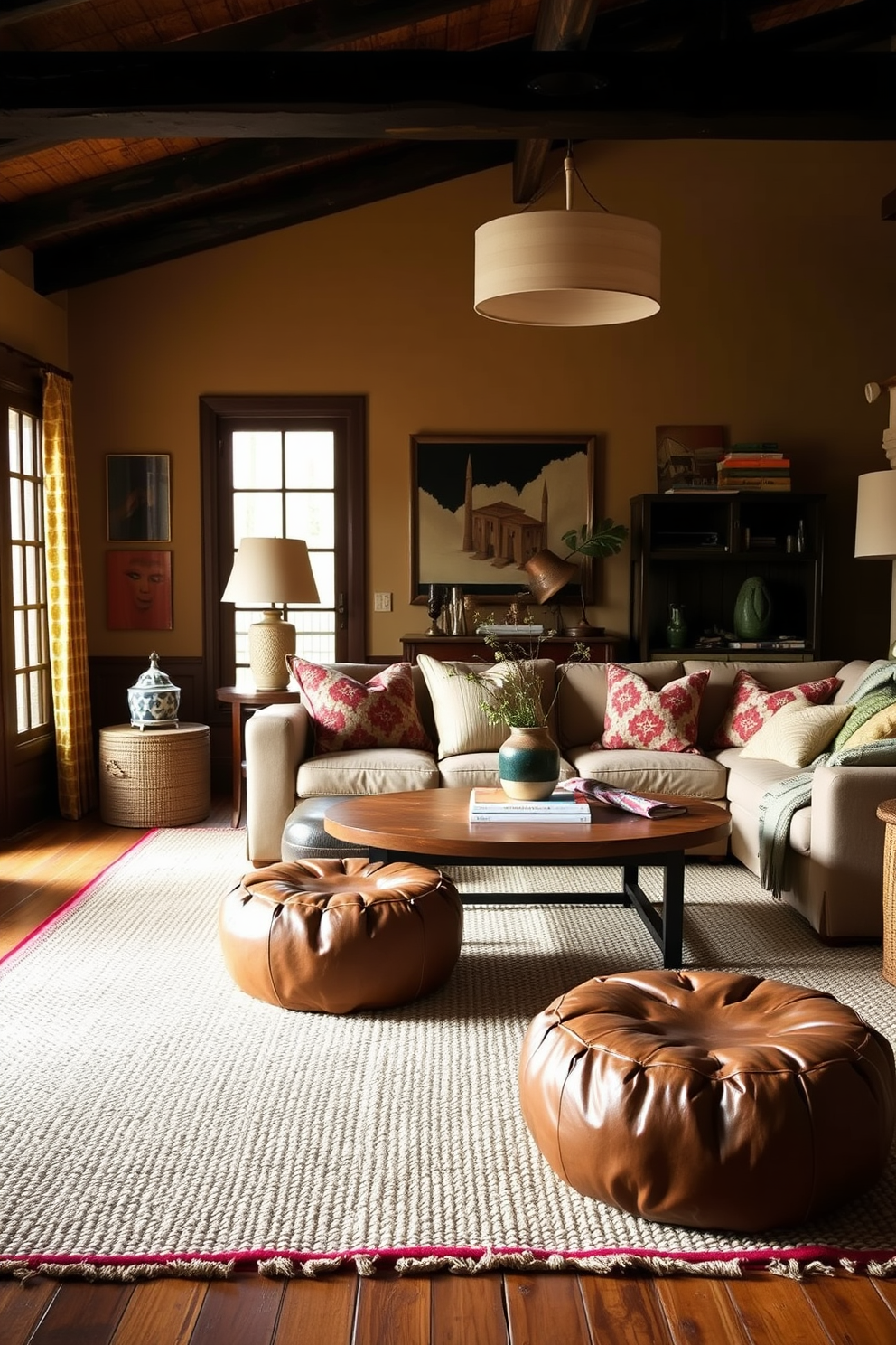 Soft leather poufs provide additional seating options in a cozy Southwestern living room. The space features warm earthy tones, with a large woven rug anchoring the seating area and colorful textiles adding vibrancy to the decor.