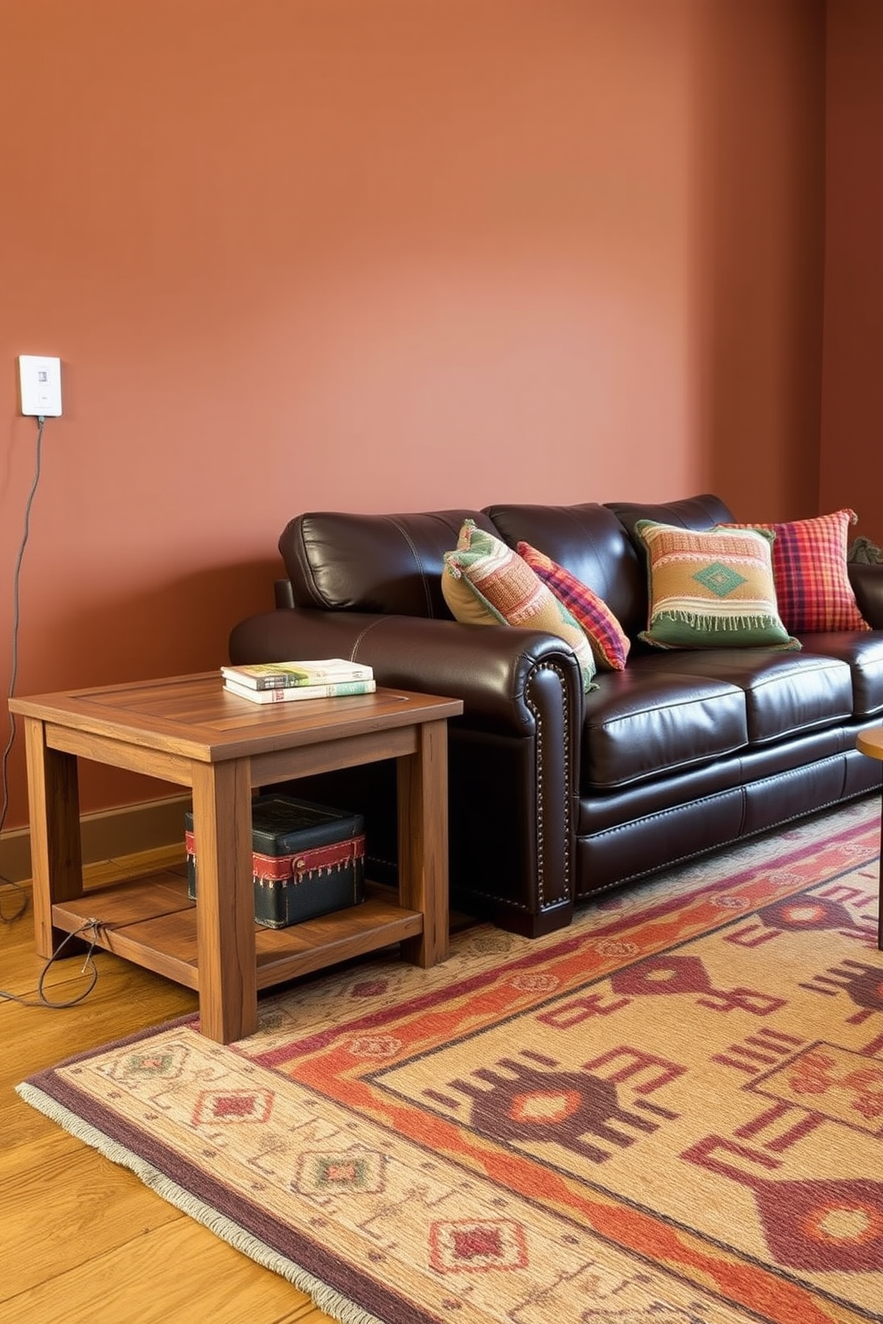 Rustic wooden side tables with a distressed finish stand beside a plush leather sofa adorned with colorful woven cushions. The walls are painted in warm earth tones, and a large area rug with Southwestern patterns anchors the space, creating a cozy atmosphere.