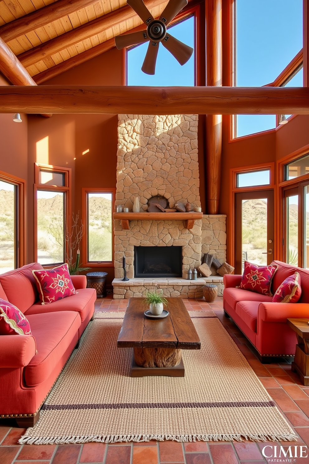 A cozy Southwestern living room featuring an earthy color palette dominated by terracotta tones. The space includes a large, plush sofa adorned with vibrant patterned throw pillows and a rustic wooden coffee table in the center. A woven area rug anchors the seating arrangement, while a stone fireplace adds warmth to the room. Large windows framed with natural wood showcase the surrounding desert landscape, enhancing the inviting atmosphere.