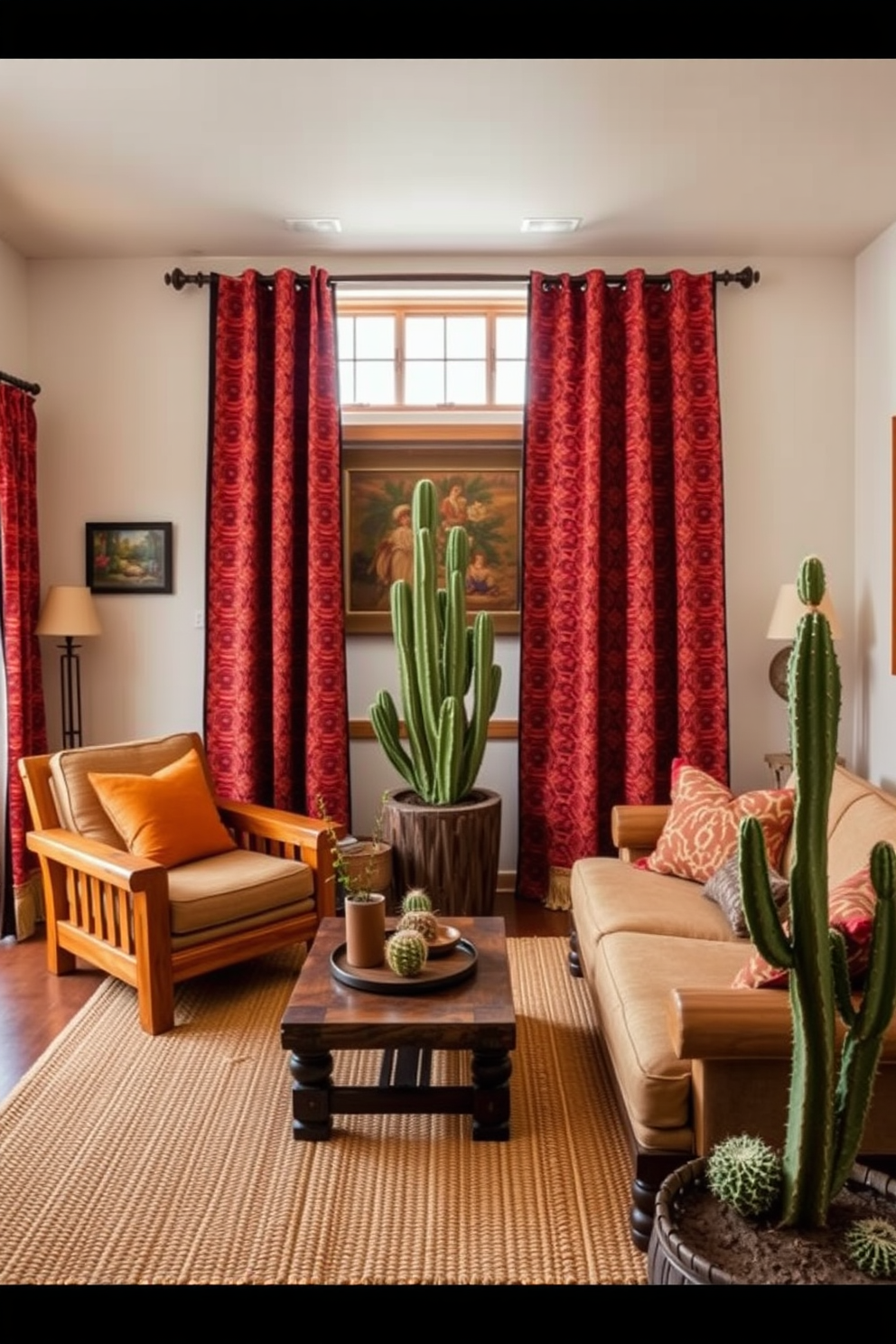 A cozy Southwestern living room featuring vibrant, patterned curtains that add a touch of flair. The space is adorned with rustic wooden furniture, a large woven rug, and cacti plants that enhance the warm, earthy tones of the decor.