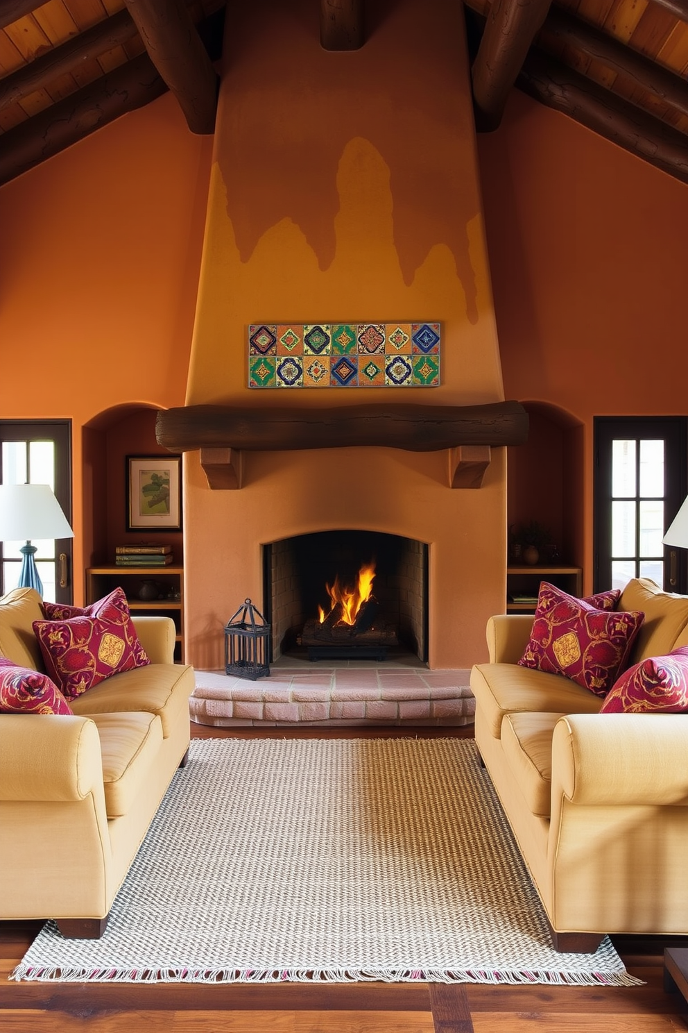 A cozy Southwestern living room featuring an adobe-style fireplace as the central focal point. The fireplace is adorned with rustic wooden beams and colorful ceramic tiles, creating a warm and inviting atmosphere. Surrounding the fireplace, there are plush, earth-toned sofas with vibrant patterned throw pillows. The walls are painted in warm terracotta, and a woven area rug lies on the wooden floor, enhancing the room's southwestern charm.