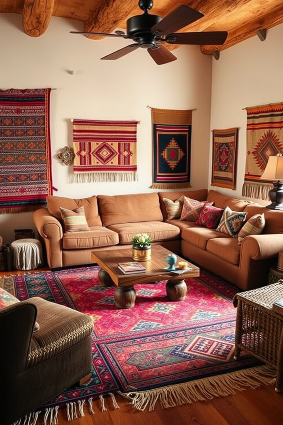 A cozy Southwestern living room features woven textiles as warm wall accents. The walls are adorned with colorful blankets and tapestries that reflect the rich cultural heritage of the region. The furniture includes a large, comfortable sectional sofa upholstered in earthy tones. A rustic wooden coffee table sits in the center, surrounded by vibrant area rugs that add texture and warmth to the space.