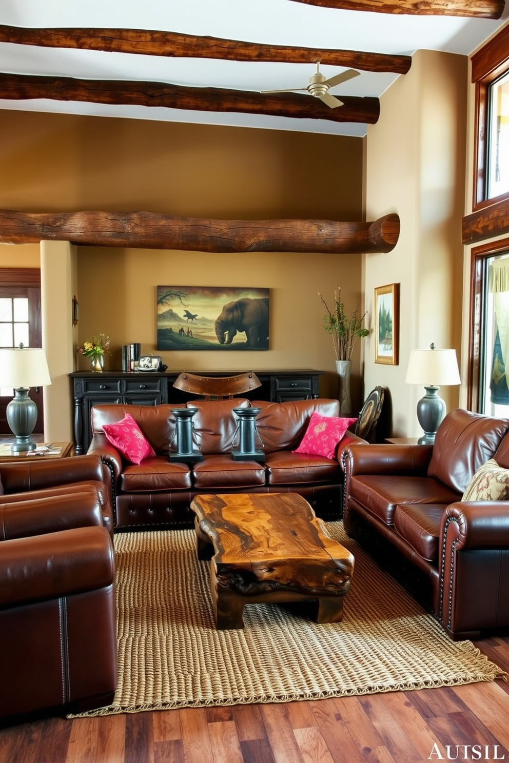 A rugged Southwestern living room features leather furniture that exudes warmth and character. The seating arrangement includes a large distressed leather sofa complemented by oversized leather armchairs, creating an inviting atmosphere. The walls are adorned with earthy tones and rustic wooden accents, enhancing the overall aesthetic. A woven area rug lies beneath a coffee table made of reclaimed wood, adding texture and charm to the space.