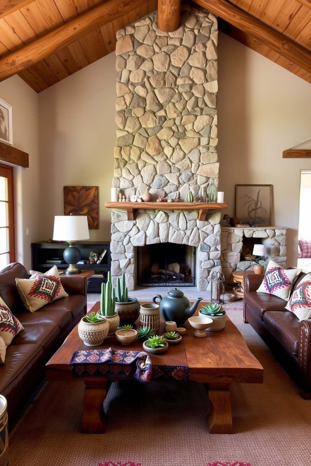 A cozy Southwestern living room featuring natural elements like stone and wood. The walls are adorned with rustic wooden beams, and a large stone fireplace serves as the focal point of the room. The seating area includes a plush leather sofa, accented with colorful woven pillows. A reclaimed wood coffee table sits in the center, surrounded by handmade ceramic decor and potted succulents.