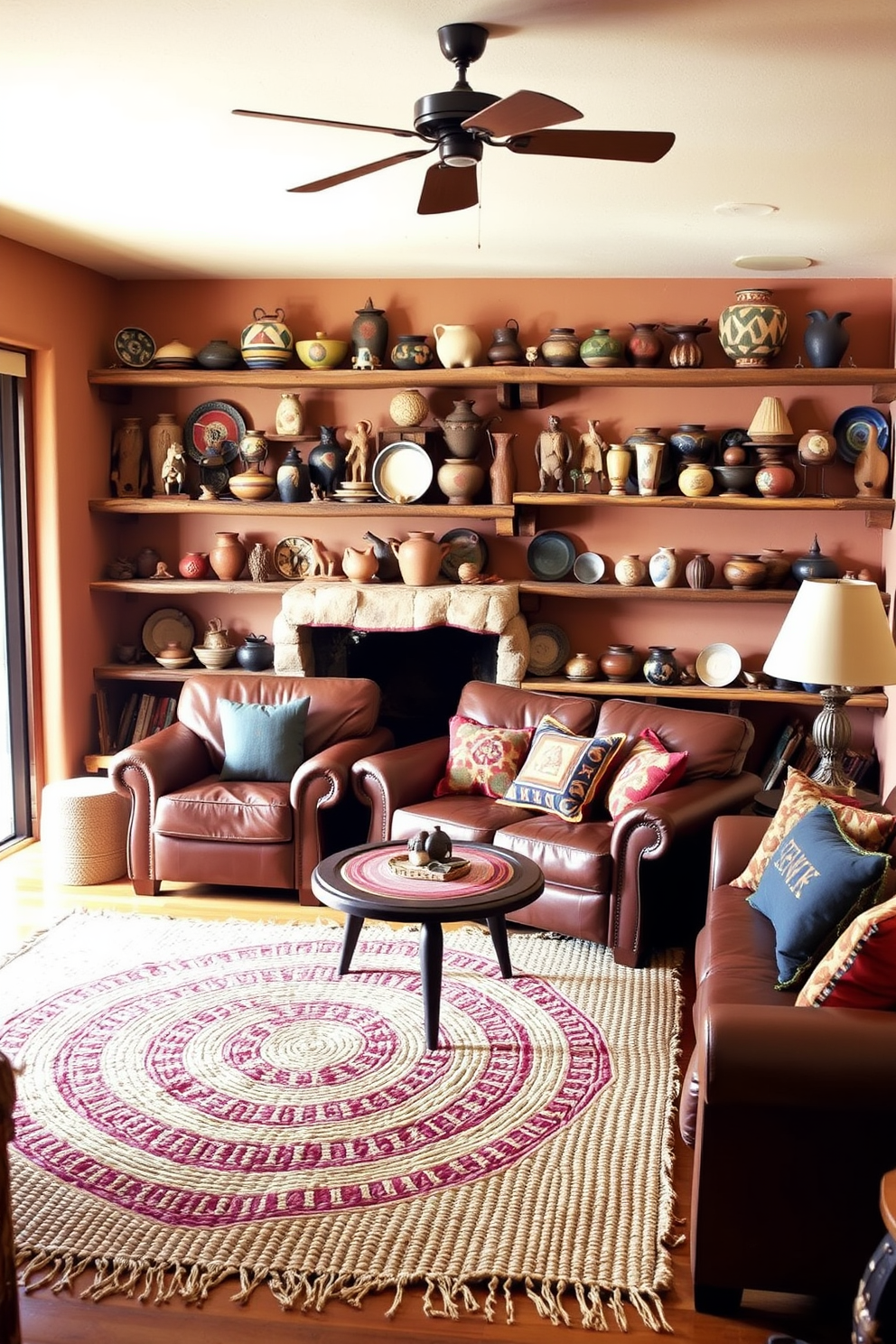 A cozy Southwestern living room filled with handcrafted pottery displayed on rustic wooden shelves. The walls are adorned with warm earth tones, and a large woven rug lies beneath a comfortable seating area featuring leather sofas and colorful throw pillows.