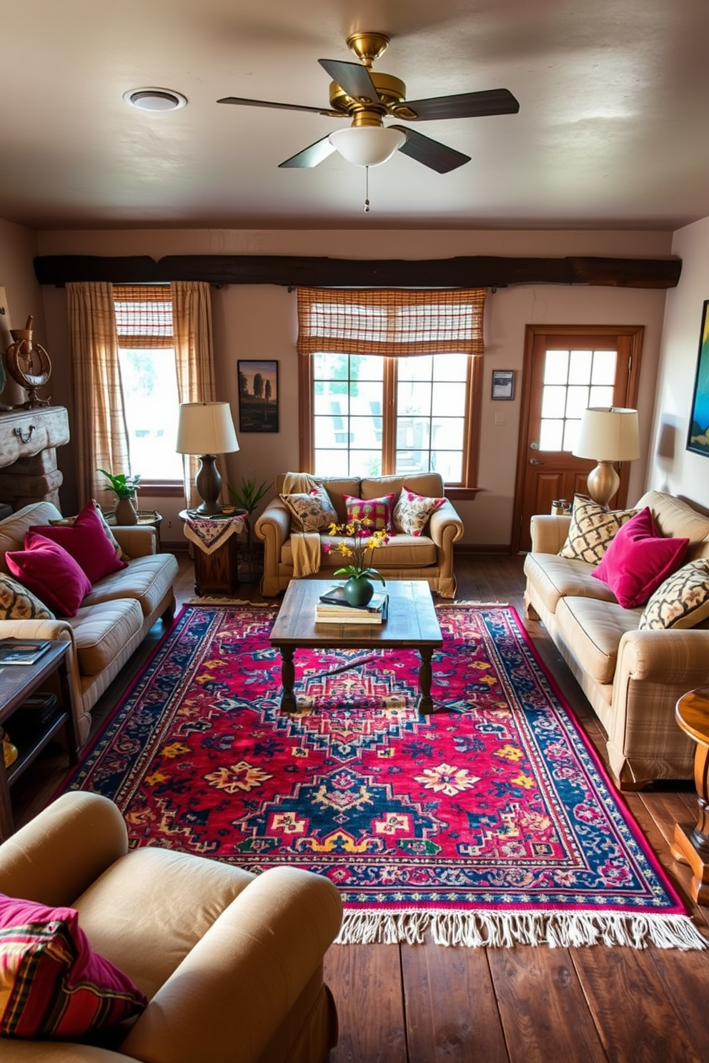 A cozy Southwestern living room features vintage rugs that add warmth and character to the space. The room is adorned with earthy tones and natural textures, creating an inviting atmosphere. The focal point is a large, colorful vintage rug that anchors the seating area. Surrounding it are plush sofas and armchairs, complemented by rustic wooden furniture and vibrant throw pillows.