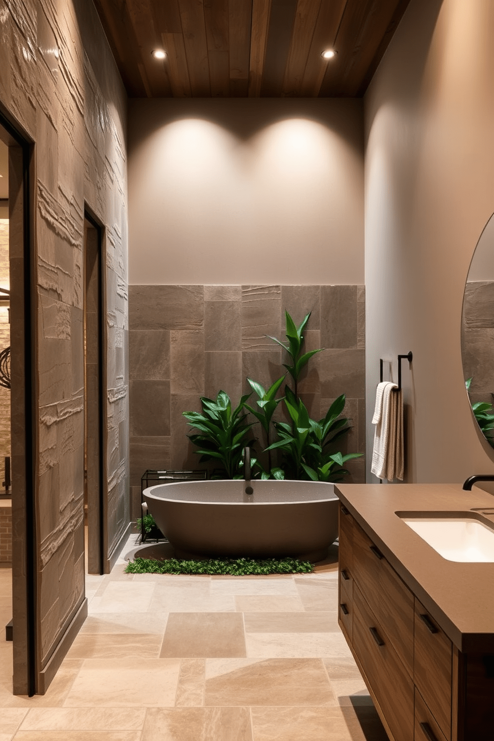 A serene spa bathroom featuring natural stone accents throughout. The walls are adorned with textured stone panels, and a freestanding soaking tub sits in the center, surrounded by lush greenery. The vanity is crafted from reclaimed wood, topped with a smooth, polished stone surface. Soft, ambient lighting illuminates the space, creating a tranquil atmosphere perfect for relaxation.