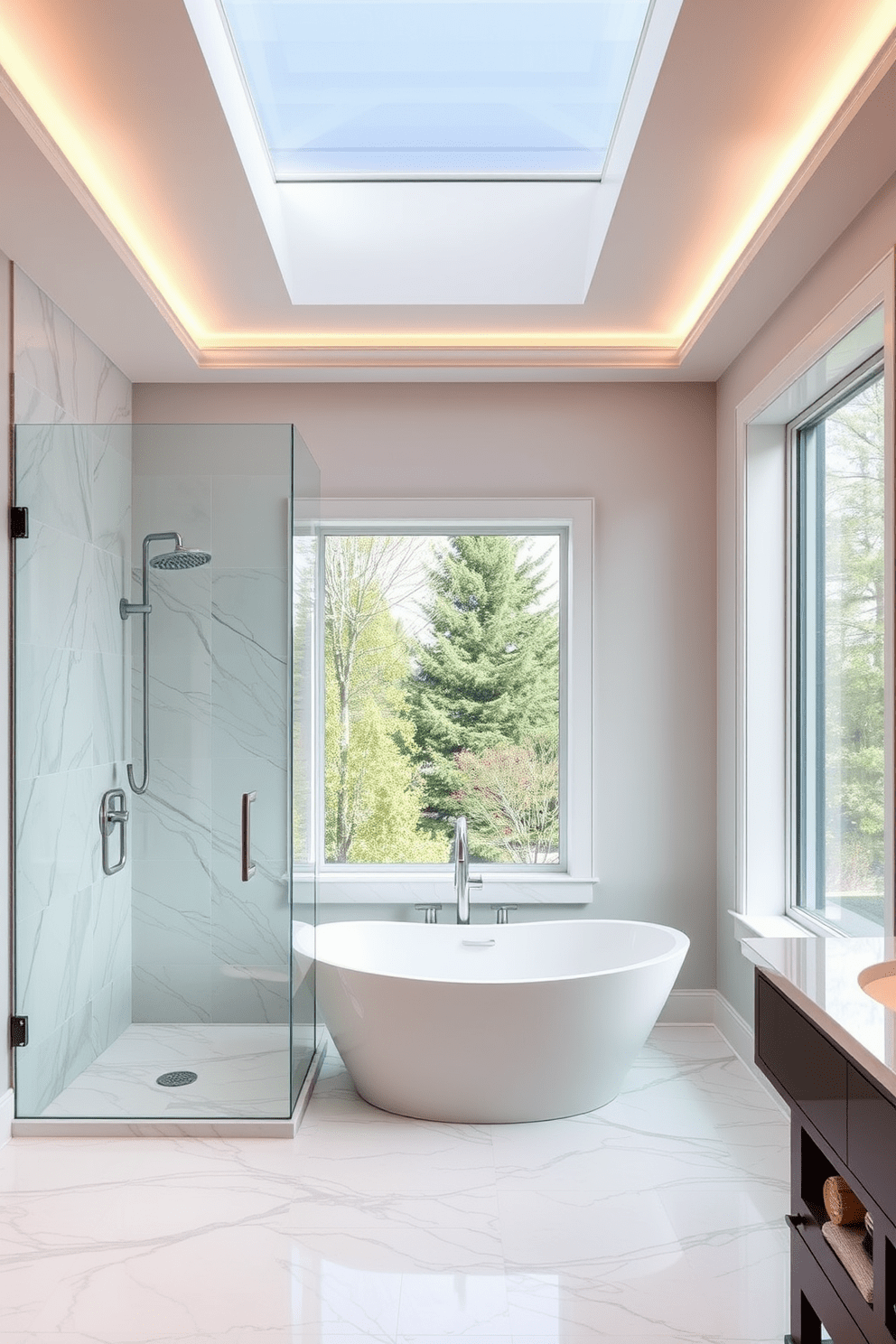 A spacious spa bathroom featuring a glass shower enclosure that creates an open and airy feel. The shower is equipped with a rainfall showerhead and elegant marble tiles that extend to the ceiling. Soft ambient lighting illuminates the room, enhancing the soothing atmosphere. A freestanding soaking tub sits beside a large window, offering a tranquil view of nature outside.