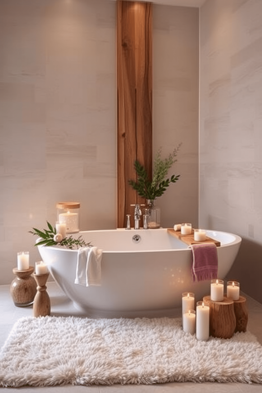 A serene spa bathroom design featuring an elegant freestanding soaking tub surrounded by scented candles in various sizes. Soft, ambient lighting enhances the calming atmosphere, with natural wood accents and lush greenery adding a touch of tranquility. The walls are adorned with soft beige tiles, creating a warm and inviting backdrop. A plush area rug lies beneath the tub, providing comfort and warmth underfoot while enhancing the overall spa-like experience.