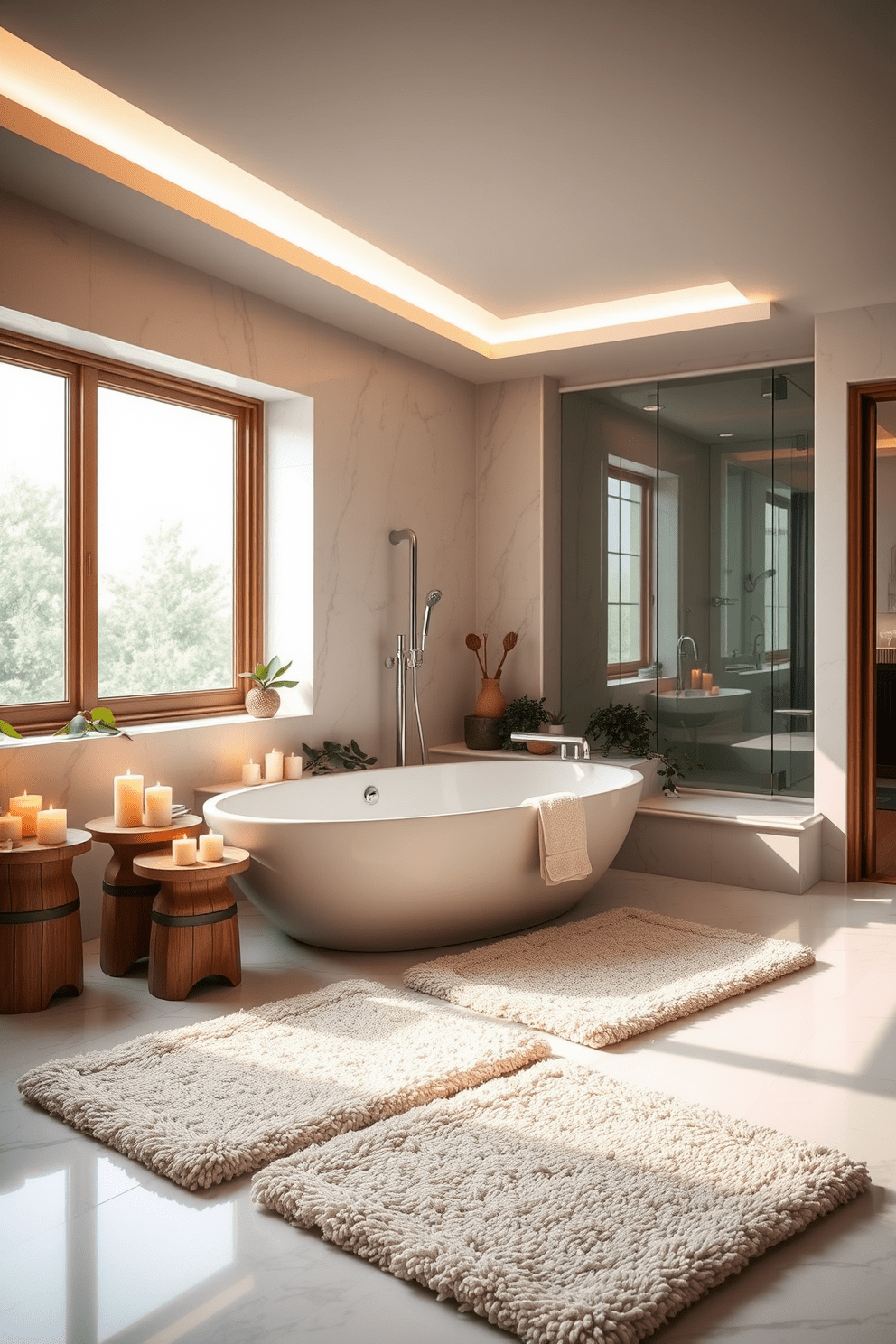 A serene spa bathroom setting featuring plush textured bath mats that invite relaxation and comfort. The space includes a freestanding soaking tub surrounded by candles and natural greenery for a tranquil ambiance. Soft lighting illuminates the room, highlighting the elegant marble tiles and wooden accents. A large window allows natural light to flood in, enhancing the peaceful atmosphere of the spa-like retreat.