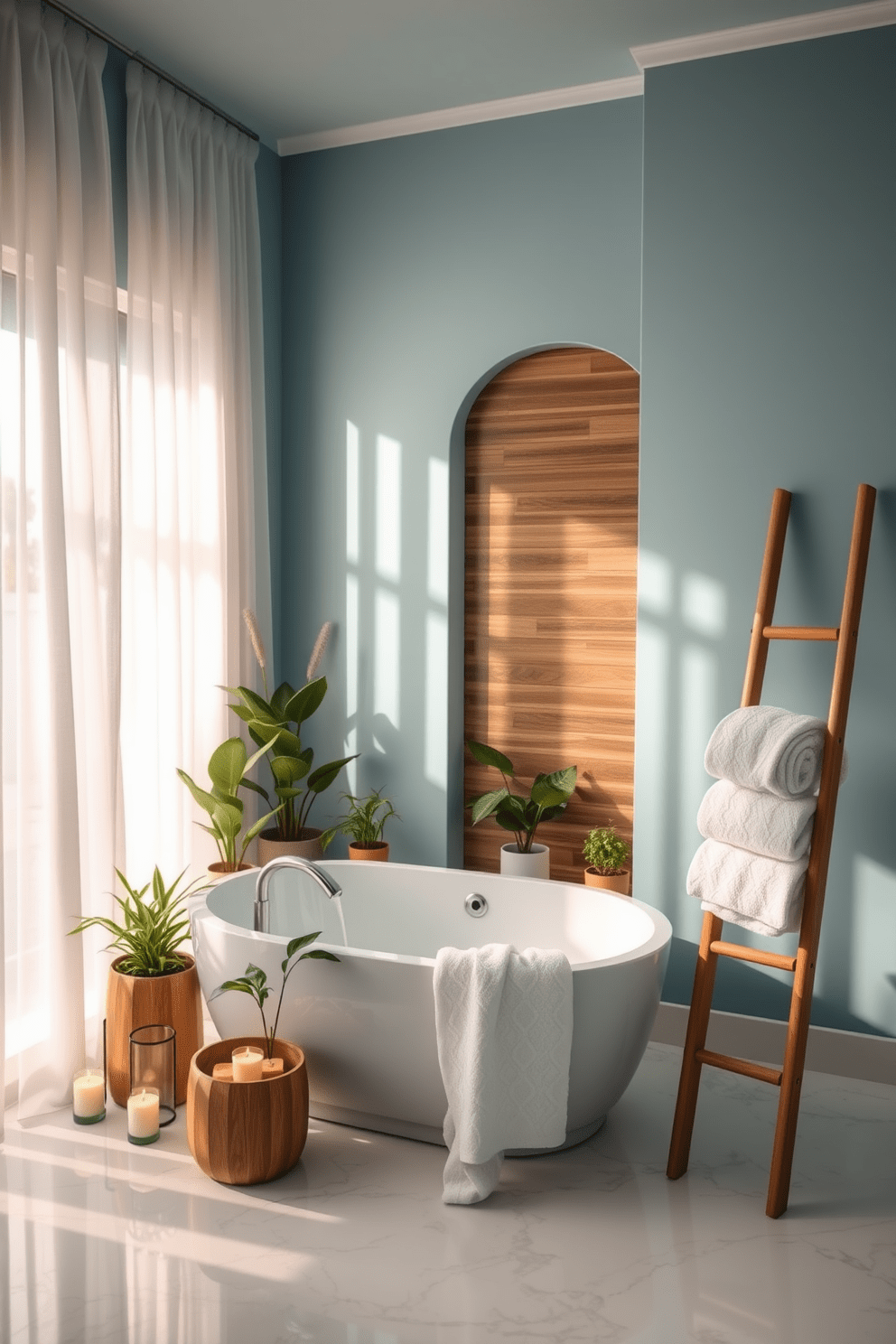 A serene spa bathroom design featuring soft natural light filtering through sheer curtains. The space includes a freestanding soaking tub surrounded by potted plants and candles, creating a tranquil atmosphere. The walls are painted in a calming light blue hue, complemented by a wooden accent wall behind the tub. Elegant marble flooring adds a touch of luxury, while fluffy white towels are neatly arranged on a wooden ladder.