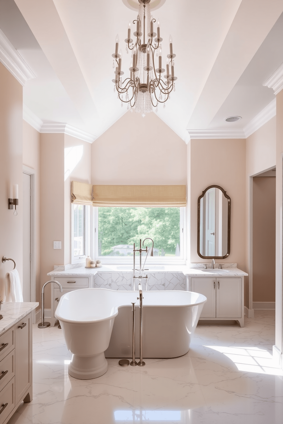 A luxurious spa bathroom featuring dual sinks for convenience and style. The design includes a freestanding soaking tub positioned beneath a large window, allowing natural light to illuminate the space. The walls are adorned with soft, calming colors, complemented by elegant marble tiles on the floor. A stylish chandelier hangs from the ceiling, adding a touch of sophistication to the serene atmosphere.