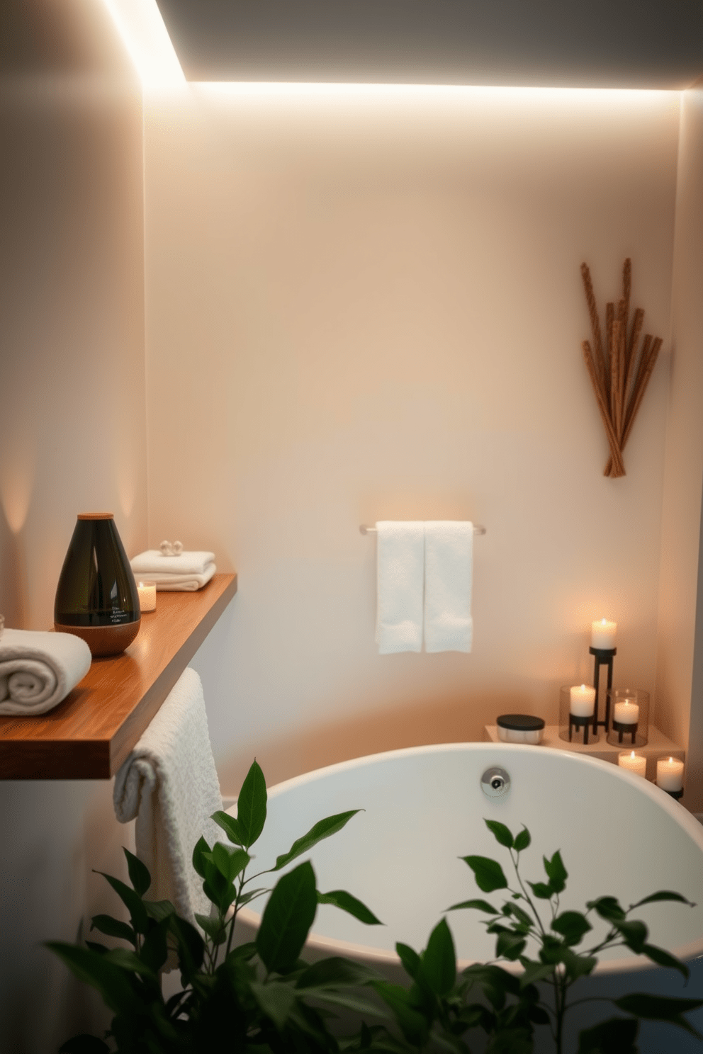 A serene spa bathroom setting featuring an elegant aromatherapy diffuser placed on a sleek wooden shelf. Soft ambient lighting creates a calming atmosphere, complemented by plush towels and natural stone accents throughout the space. The walls are painted in a soft beige hue, enhancing the tranquil vibe of the room. A freestanding bathtub sits in the corner, surrounded by lush greenery and scented candles for a relaxing retreat.