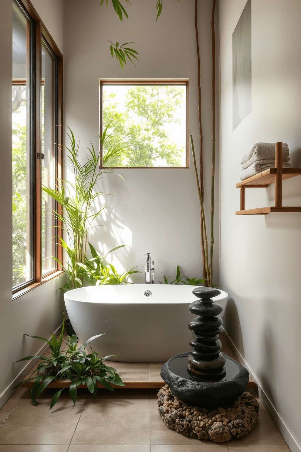 A serene spa bathroom design featuring bamboo accents that create a calming zen atmosphere. The space includes a freestanding soaking tub surrounded by lush greenery and natural light streaming in through large windows. Soft neutral tones dominate the walls and flooring, enhancing the tranquil vibe. A bamboo shelf holds neatly arranged towels and decorative stones, while a small indoor fountain adds soothing water sounds to the environment.