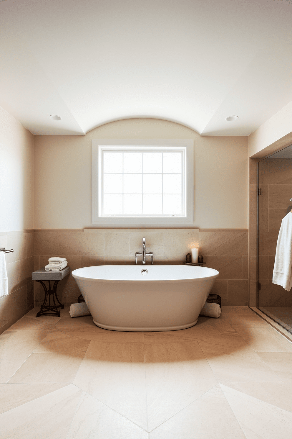 A luxurious spa bathroom featuring a freestanding soaking tub as the centerpiece. The tub is elegantly positioned beneath a large window, allowing natural light to flood the space. Surrounding the tub are smooth stone tiles that create a serene atmosphere. Soft, neutral tones on the walls enhance the calming effect, while plush towels and candles add a touch of warmth.