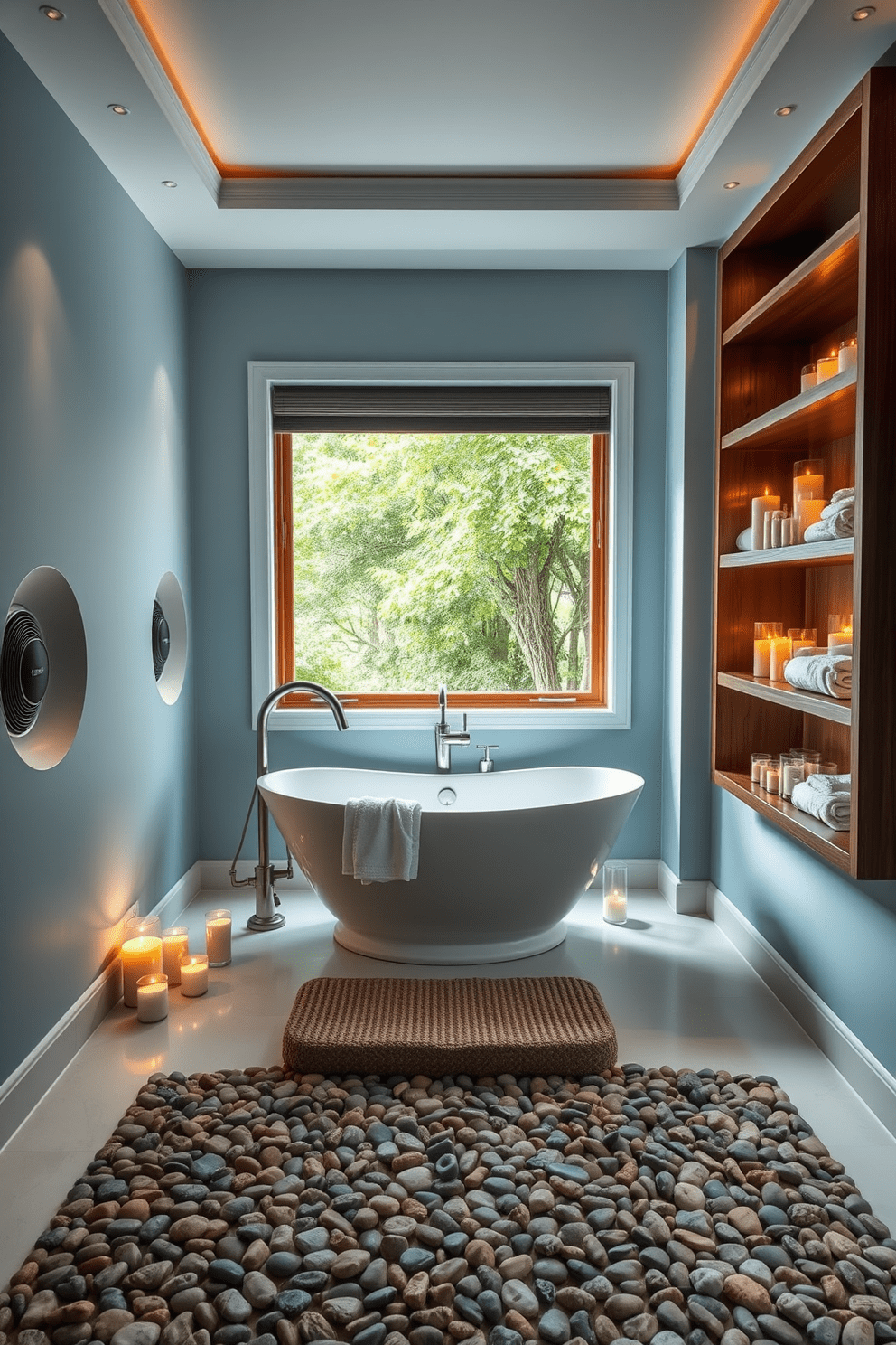 A tranquil spa bathroom retreat featuring a soft music system embedded in the walls to create a soothing atmosphere. The space includes a freestanding soaking tub surrounded by candles and natural stone accents, with a large window allowing natural light to flood in. Elegant wooden shelving displays plush towels and aromatic candles, enhancing the serene environment. The walls are painted in a calming light blue hue, complemented by a pebble stone floor that adds to the spa-like feel.