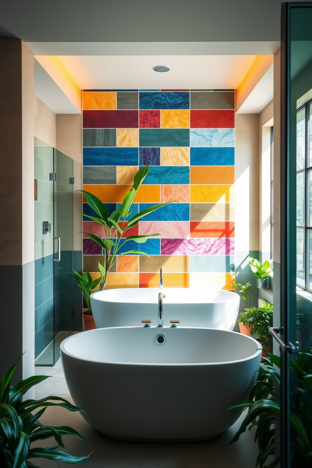 A spa-like bathroom featuring colorful accent tiles that create a vibrant focal point. The walls are adorned with soothing neutral tones to balance the lively design elements. The space includes a freestanding soaking tub surrounded by lush greenery and natural light. A sleek shower area with glass doors complements the overall serene atmosphere.