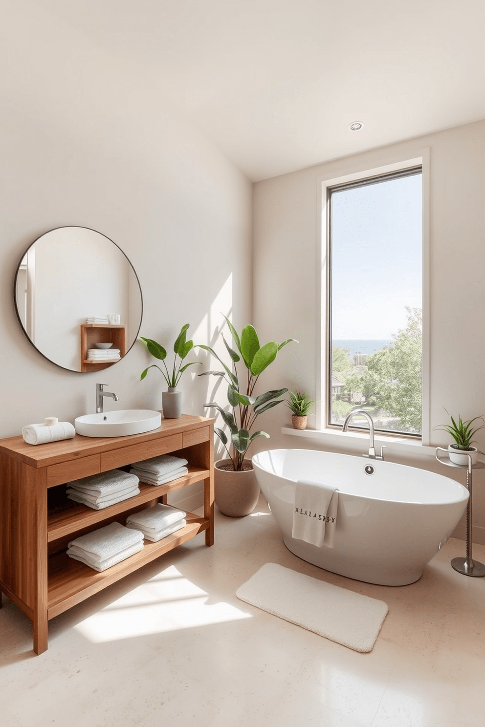 A serene spa bathroom retreat featuring a freestanding soaking tub positioned near a large window that allows natural light to flood the space. The walls are adorned with soft beige tones, and the floor is covered with smooth, light-colored stones for a calming effect. A sleek wooden vanity with a single basin sink sits against one wall, complemented by a large round mirror above it. Potted green plants are strategically placed to add a touch of nature, while fluffy white towels are neatly arranged on open shelves.