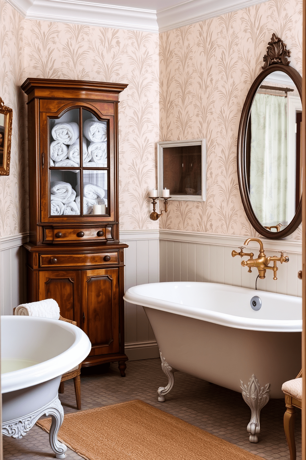 Vintage furniture for unique character. A charming spa bathroom features a freestanding clawfoot tub surrounded by an antique wooden cabinet displaying rolled towels and scented candles. The walls are adorned with soft pastel wallpaper, creating a serene atmosphere. A vintage-style vanity with a distressed finish holds a large oval mirror and elegant brass fixtures, enhancing the room's character.