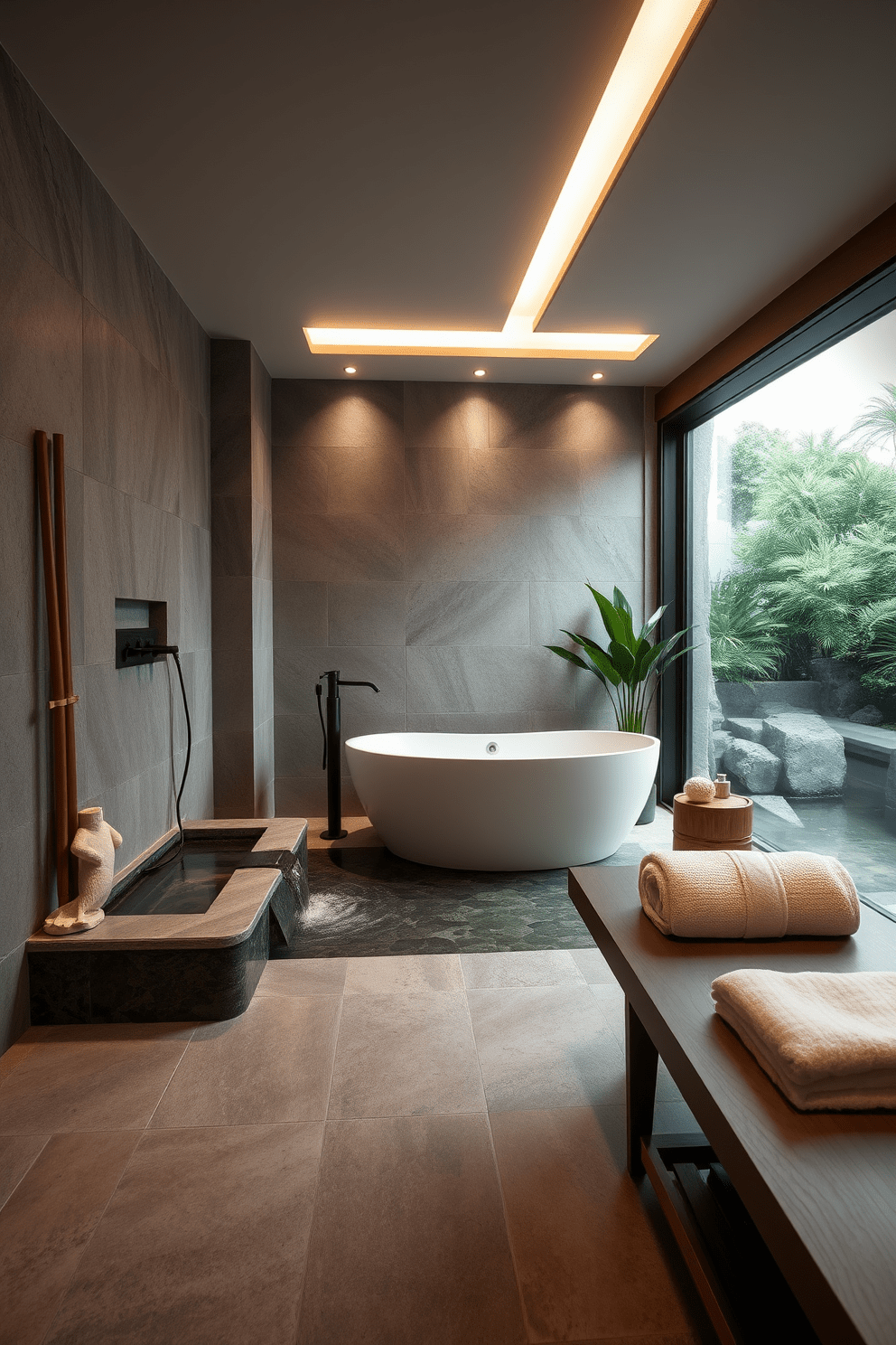 A serene spa bathroom featuring a tranquil water feature that creates soothing sound effects. The space is adorned with natural stone tiles and soft, ambient lighting that enhances relaxation. Incorporate a freestanding soaking tub positioned near the water feature, surrounded by lush greenery. Elegant wooden accents and plush towels complete the calming atmosphere of this luxurious retreat.