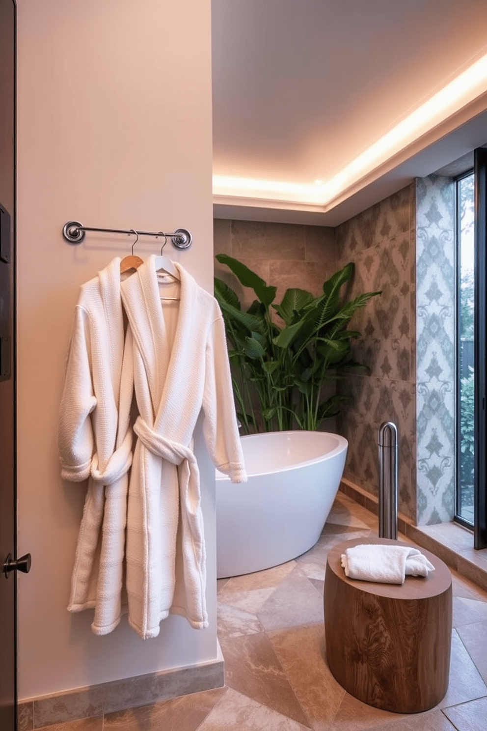 A serene spa bathroom featuring plush luxe bathrobes neatly hung on a decorative rack. The space is adorned with soft ambient lighting, natural stone tiles, and a freestanding soaking tub surrounded by lush greenery.