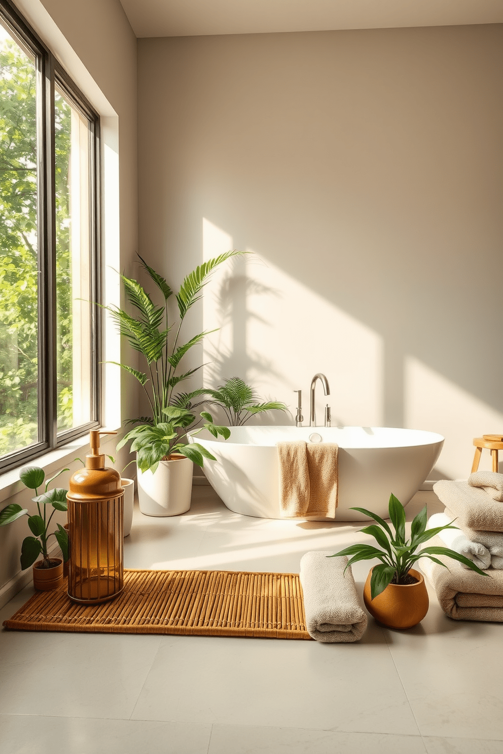 A serene spa bathroom setting featuring soft neutral tones and natural materials. Incorporate bamboo accessories such as a soap dispenser and a bath mat, complemented by plush towels in earthy hues. The space includes a freestanding soaking tub surrounded by potted plants for a tranquil ambiance. A large window allows natural light to flood the room, enhancing the calming atmosphere.