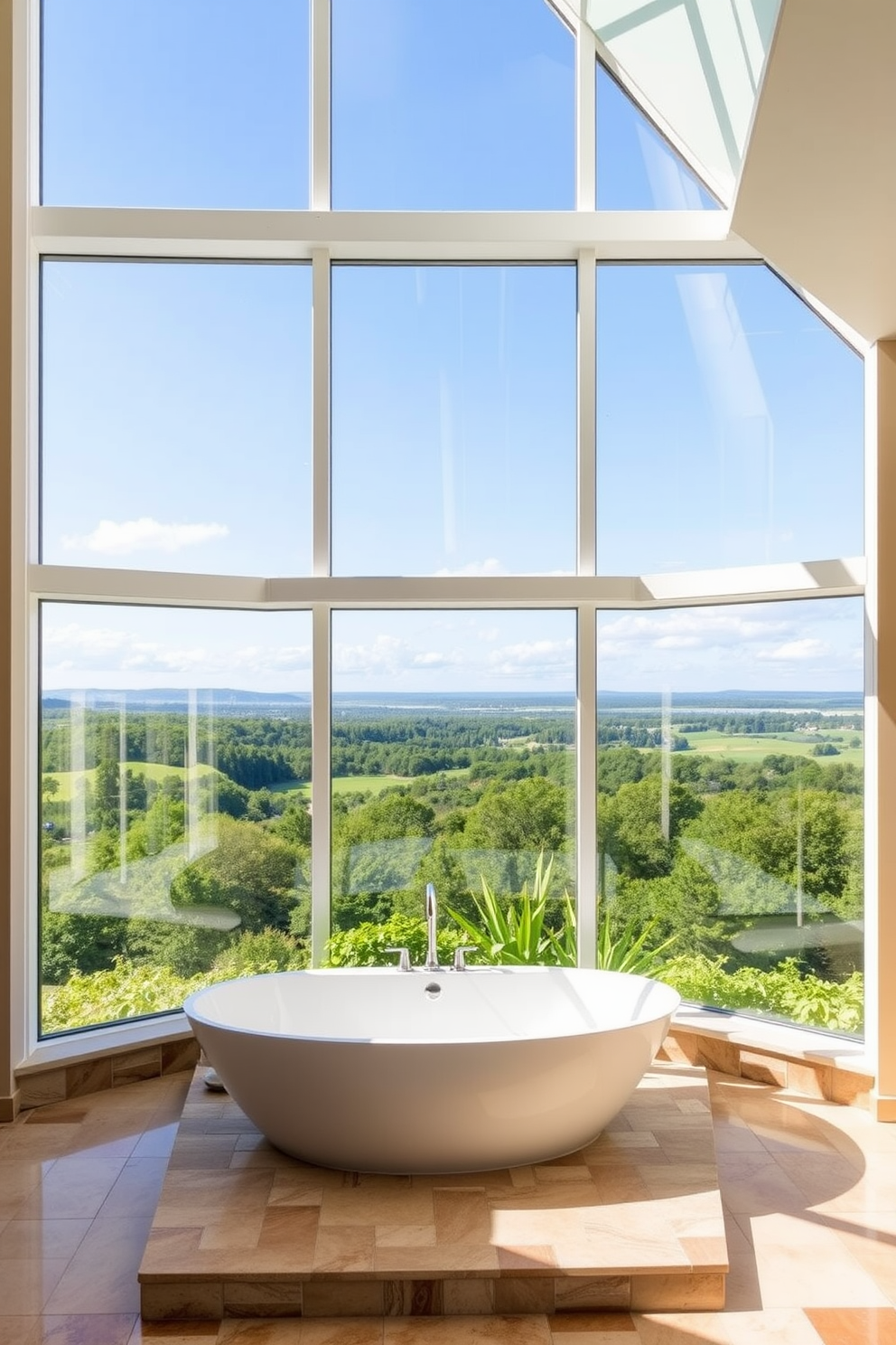 Large windows allow abundant natural light to flood the spa bathroom, creating an airy and tranquil atmosphere. The expansive views of the surrounding landscape enhance the serene ambiance, making it a perfect retreat. Incorporate a freestanding soaking tub positioned beneath the windows, offering a luxurious focal point. Surround the tub with natural stone finishes and lush greenery to evoke a spa-like experience.