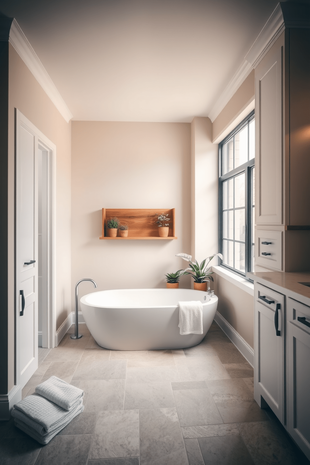 A serene spa bathroom design featuring soft neutral colors to create a tranquil atmosphere. The space includes a freestanding soaking tub surrounded by natural stone tiles and a large window that invites natural light. The walls are painted in a soft beige, complemented by white cabinetry and a wooden accent shelf. Plush towels and a few green plants add warmth and a touch of nature to the calming environment.