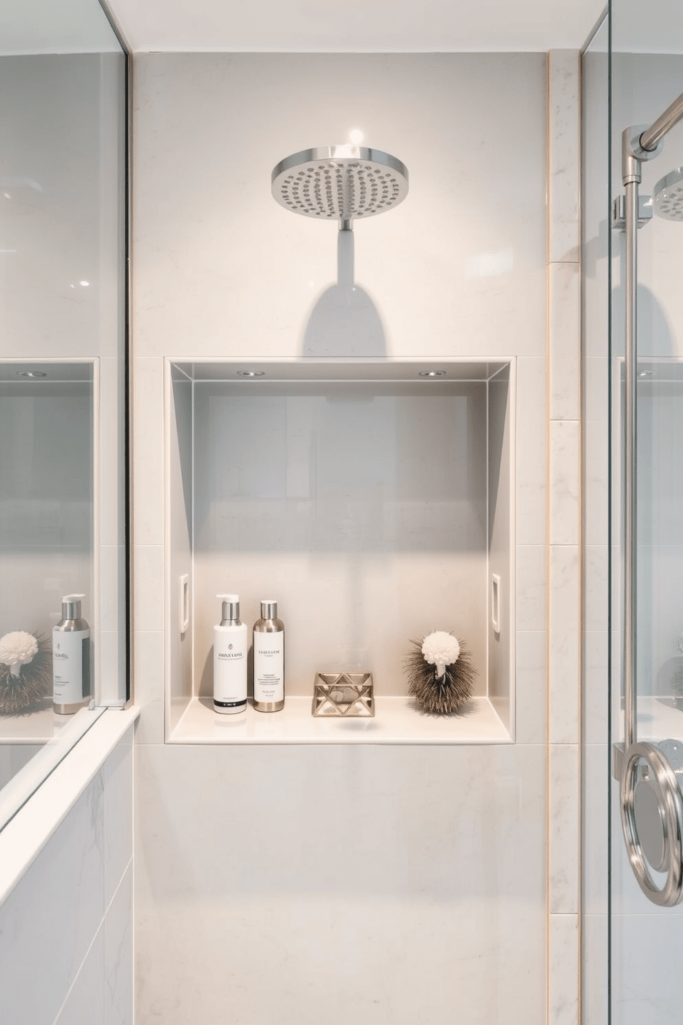 A luxurious spa bathroom featuring custom shower niches designed for both convenience and style. The niches are integrated into a seamless tiled wall, showcasing elegant bottles of skincare products and decorative accents.