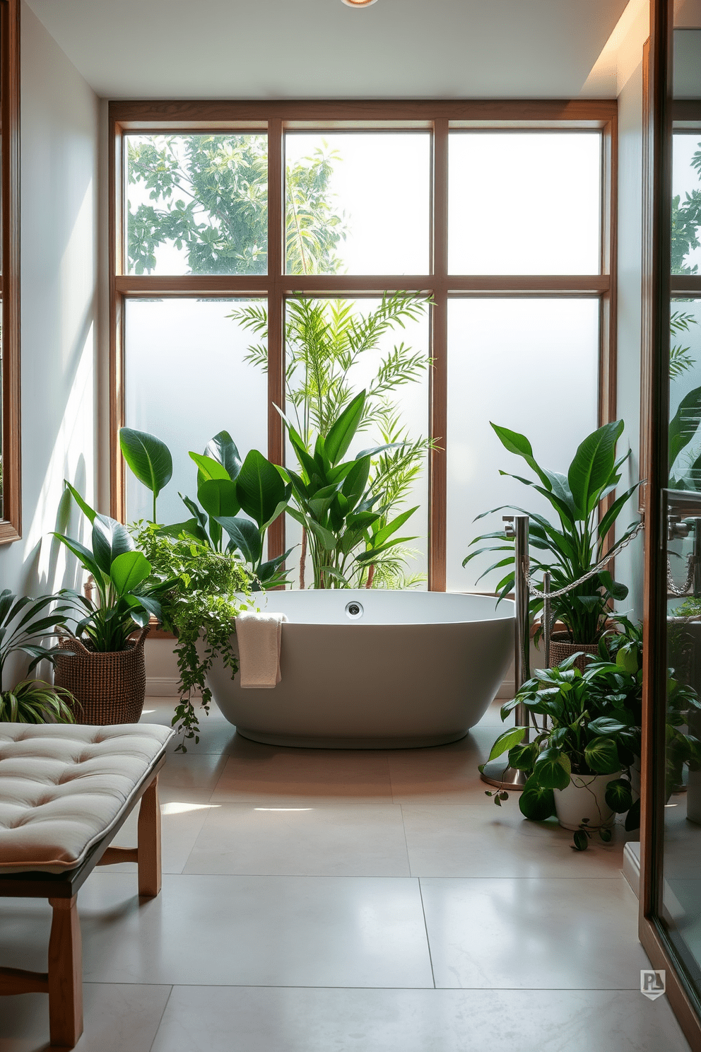 A serene spa bathroom retreat. The space features a freestanding soaking tub surrounded by lush indoor plants, creating a tranquil atmosphere. Natural wood accents complement the neutral color palette, while soft lighting enhances the calming vibe. A large window allows natural light to flood the room, showcasing the greenery and inviting the outdoors in.