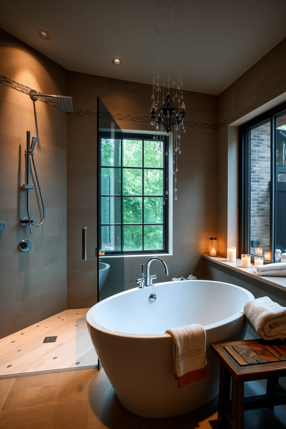 A tranquil spa bathroom featuring a spacious walk-in shower with a rain showerhead that creates a luxurious experience. The walls are adorned with natural stone tiles, and a freestanding soaking tub sits elegantly beside a large window that invites natural light. Soft ambient lighting highlights the serene atmosphere, while a wooden bench provides a perfect spot for relaxation. Plush towels are neatly arranged on a nearby shelf, and aromatic candles are placed around the tub for a soothing touch.