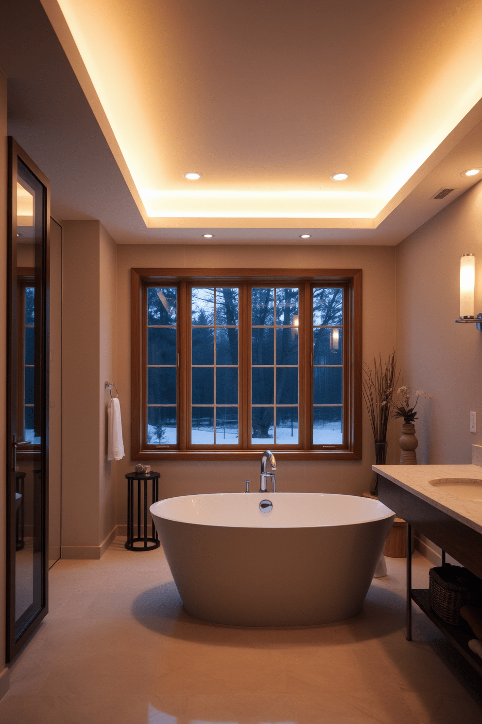 A serene spa bathroom with mood lighting that creates a calming atmosphere. The space features dimmable fixtures that allow for adjustable brightness, enhancing relaxation. Soft beige walls complement natural wood accents throughout the room. A freestanding soaking tub sits elegantly beneath a large window, inviting tranquility and peace.